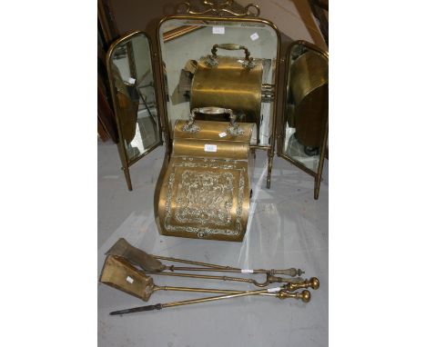 Edwardian brass coal purdonium, brass mirror panel firescreen and various fire tools 