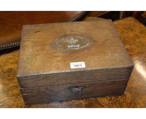Victorian rosewood work box, the cover, mother of pearl and brass inlaid with the Prince of Wales feathers 