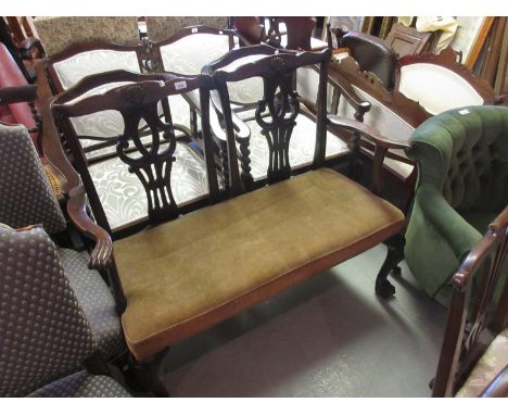 19th Century mahogany chair back sofa in Georgian style with double pierced splat back above an overstuffed seat raised on ca