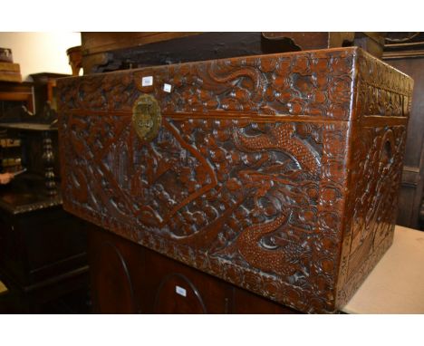 Chinese carved camphor wood rectangular trunk 