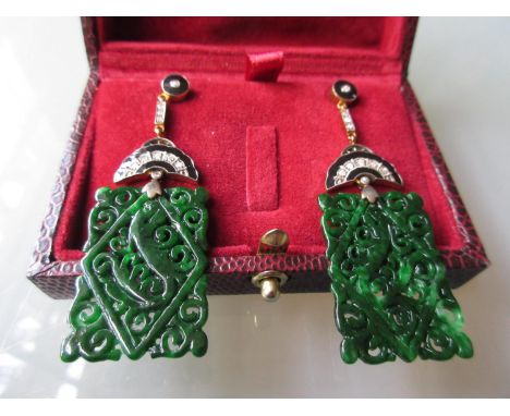 Pair of square panel jade drop earrings set diamonds and black enamel decorated 