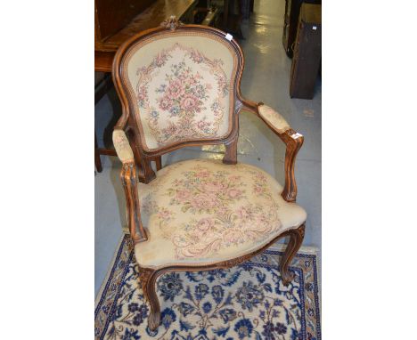 Reproduction French style open armchair with machine tapestry back and seat 