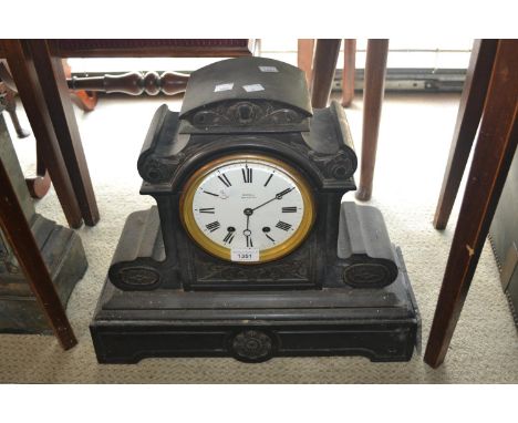Large 19th Century black slate mantel clock, the enamel dial with two train movement signed Boxell, Brighton, the two train m