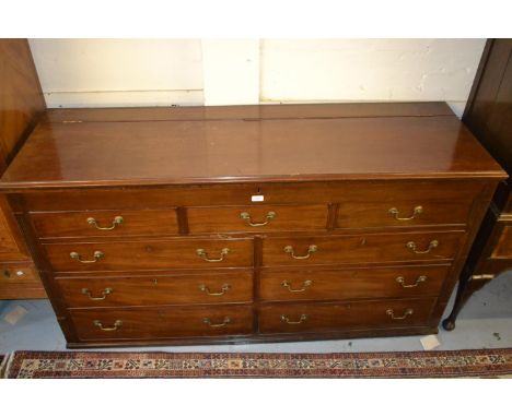 Large 19th Century mahogany mule chest, the hinged cover above five short dummy drawers and a further four short dummy drawer