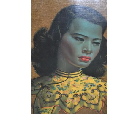 Mid 20th Century coloured print on canvas, after Tretchikoff, Chinese girl, 23ins x 19ins, framed 