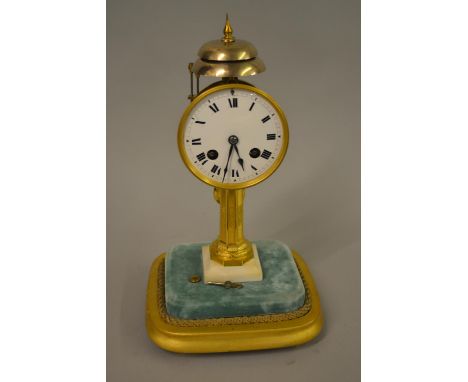 19th Century French pillar clock, the enamel dial with Roman numerals striking on two bells on a giltwood base with glass dom