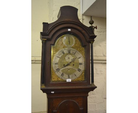 George III oak longcase clock, the broken arch hood with flanking pilasters above a moulded panel door and plinth base, the g