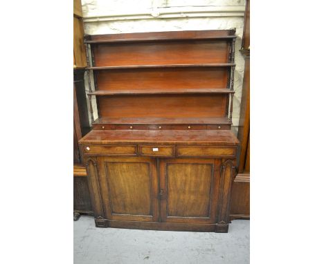 19th Century mahogany chiffonier / side cabinet, the boarded shelf back with baluster turned uprights above an arrangement of