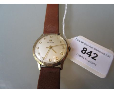 Gentleman's 9ct yellow gold cased Tissot wristwatch, the dial with Arabic numerals and later brown leather strap 