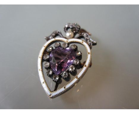 Edwardian heart shaped pendant brooch set amethyst, diamonds and a seed pearl with white enamel decoration 