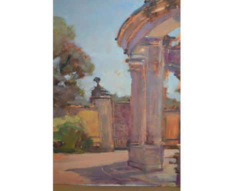 J. R. Clark, two unframed oils on board, classical archway by a garden gate, and portrait of a young lady in a red hat, both 