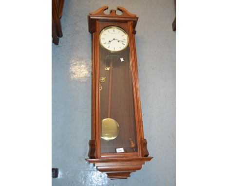 Large reproduction mahogany Vienna wall clock, the enamel dial inscribed Christiaan Huygens, with a two train weight driven m