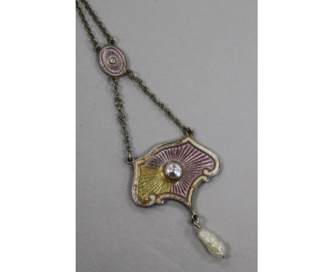 A George V Charles Horner silver , enamel and baroque pearl set drop pendant, enamel a.f., pendant 36mm.
