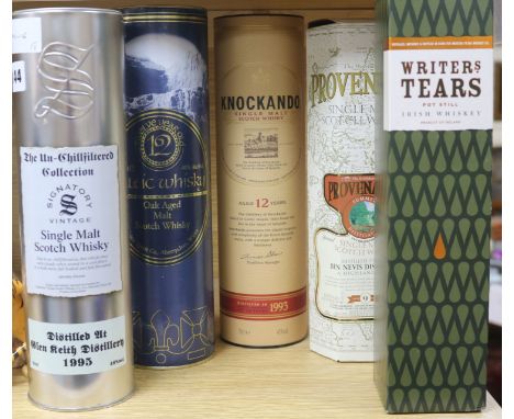 Five assorted bottles of whisky: Signatory Vintage Glen Keith 1995, Writers Tears Pot Still Celtic Whisky 12yo, Provenance Be