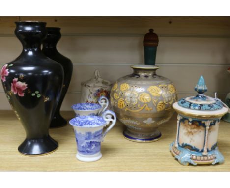 A Hadley’s Worcester jar and cover, a Noritake vase etc