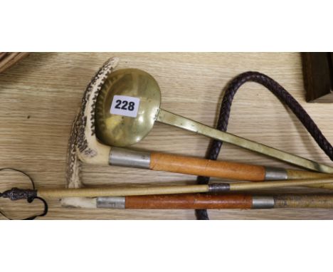 A silver mounted riding whip, two riding crops and a brass ladle