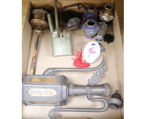 A Chinese paktong water pipe, a prayer wheel, enamel vases etc