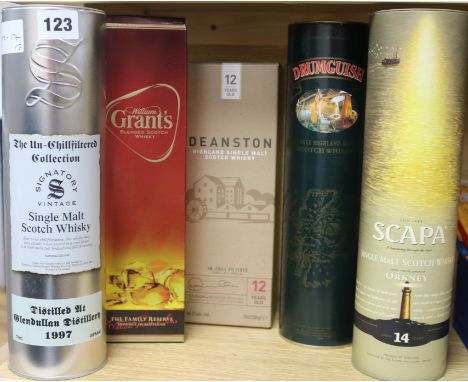 Five assorted bottles of whisky: Signatory Vintage Glendullan 1997, Grants Family Reserves, Deanston 12yo, Scapper 14yo and D