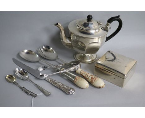 A silver octagonal urn-shaped teapot, a silver cigarette box, a teaspoon with rifle handle and sundries, the cigarette box in