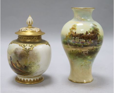 A Stinton Worcester lidded vase and a Hendry vase