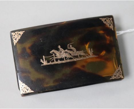 Tortoiseshell snuff box with horse racing inlay