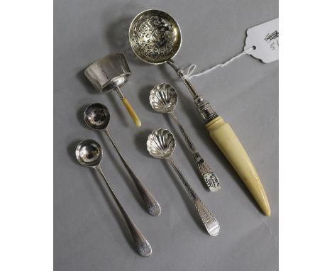 A Georgian silver caddy spoon(a.f), two pairs of Georgian salt spoons including Hester Bateman and a sifter spoon.