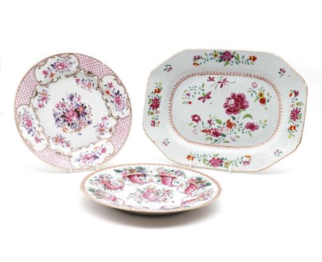 A collection of Chinese export famille rose, 18th century, comprising: a lobed octagonal meat dish and three plates painted w