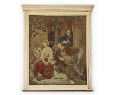 A French needlework petit point framed panel,late 19th to early 20th century, depicting two young couples and a dog, before a