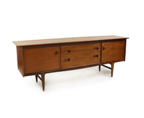 A 'Fonseca' teak sideboard, 1960s, designed by John Herbert for Younger, with a central bank of drawers, each with recessed h