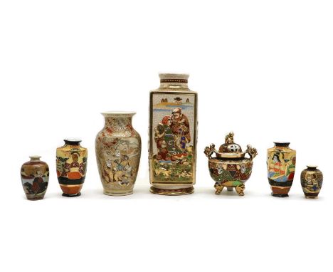 A collection of Japanese Satsuma ware vases, 20th century, in various forms, painted with arhats and figures in shaped panels