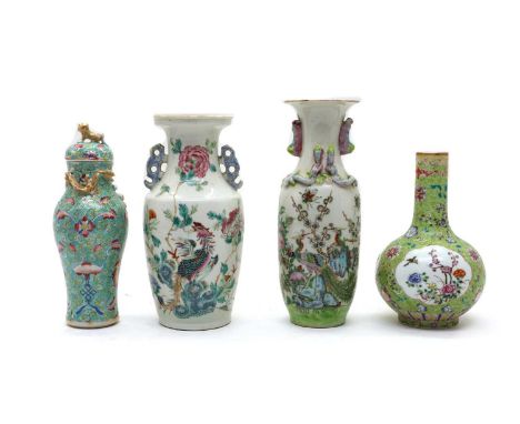 A collection of Chinese famille rose,19th to 20th century, comprising one of rouleau form, painted with phoenixes amongst peo