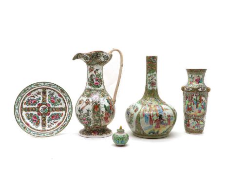 A collection of Chinese Canton enamelled famille rose,19th-20th century, decorated with figures in a garden or birds and flow