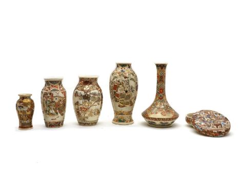 A collection of Japanese Satsuma ware, 20th century, comprising: a box and cover and nine vases, in various forms, painted wi