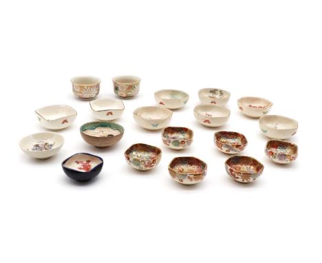 A collection of Japanese Satsuma ware sake cups, 20th century, decorated with maples leaves or flowers, 4.5 to 6cm diameter (