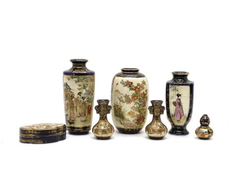 A collection of Japanese satsuma ware,early 20th century, comprising: a box and cover, six vases, decorated with figures in a