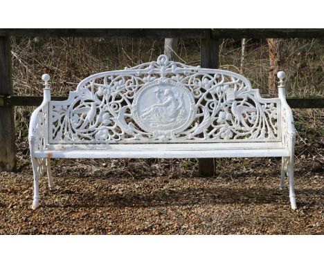 A large cast iron bench,in the manner of Coalbrookdale, the back cast with a central panel depicting a classical figure and a