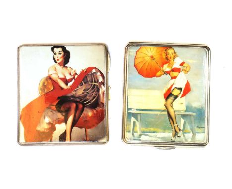 A silver 1940s cigarette case  by Smith &amp; Bartlam, Birmingham 1946, the printed lid depicting a scene after Gil Elvgrin (