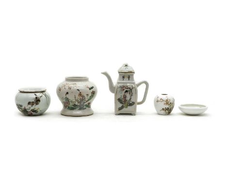 A collection of Chinese qianjiang enamelled porcelain, 20th century, comprising: a water-pot, of compressed globular form, pa