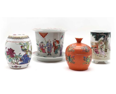 A collection of Chinese famille rose porcelain,20th century, Comprising: a jar, of globular form, painted with a lady and boy