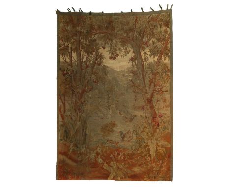 A large needlework verdure tapestry,mid to late 19th century, depicting a river landscape trees in bloom and ducks,260 x 250c