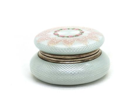 A continental guilloche enamelled silver pillbox,likely German, import marked by H C Freeman &amp; Co, London 1910, of waiste