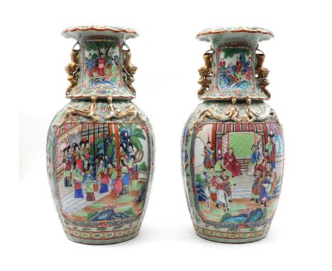 A pair of Chinese Canton enamelled famille rose vases,late 19th century, of lobed ovoid form rising to a flared rim, painted 