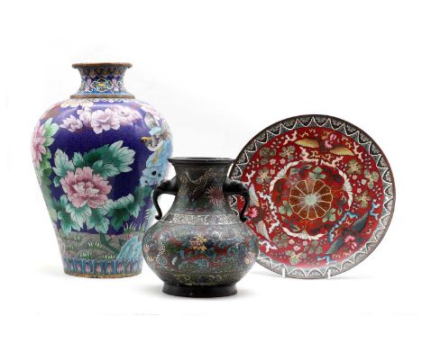 A Japanese cloisonné vase,20th century, of baluster form, enamelled with birds and peonies against the diapered ground, 39cm 