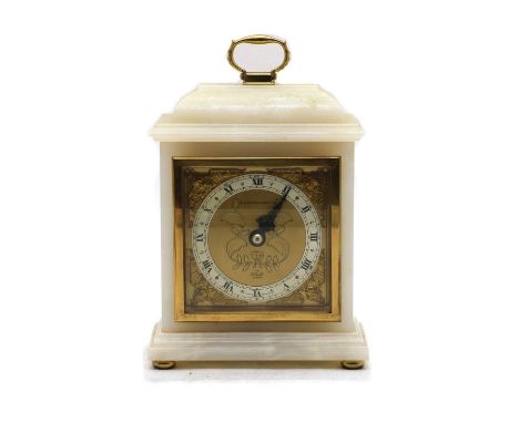 An Elliot white onyx mantle clock, 20th century, by Alexander Clark Co Ltd, the brass dial foliate engraving and silvered cha