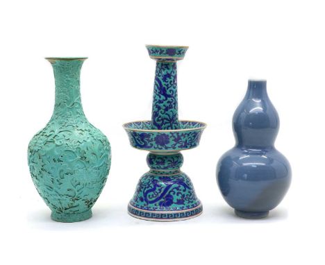 A collection of Chinese porcelain,20th century, comprising: a candlestick, with a bell-shaped base rising to a knobbed sectio