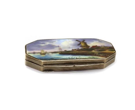 A continental enamelled sterling silver pillbox,import mark, stamped ML&amp;Co, Birmingham 1929, of octagonal form, the ename