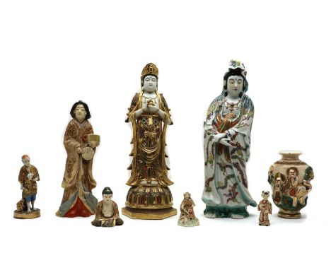 A group of Japanese Satsuma ware figures,20th century, including farmers, boys, Buhhda, kwannon and other immortal figures, 9