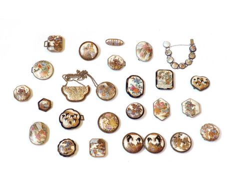 A collection of Japanese Satsuma ware buckles, 19th to 20th century, in various forms mounted with brass or white metal, pain