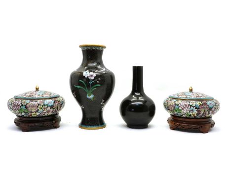 A collection of Chinese cloisonne,20th century, comprising: a vase, of baluster form, enamelled with birds, flowers and a blo