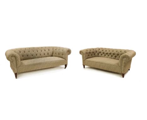 A near pair of Chesterfield sofas,late 19th century, button upholstered with a woven fabric, one on square tapering legs and 